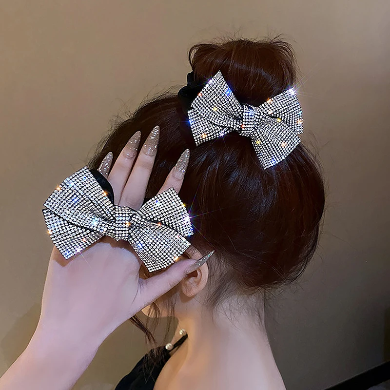 1PCS Rhinestones Hair Bows Scrunchies Ties Rope Elastic Rubber Bands Ponytail Holder Girl Hair Accessories