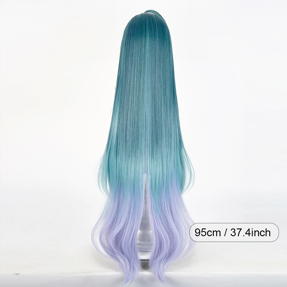 Green Ombre Purple Synthetic Long Straight Wigs with Bangs Anime Game Cosplay Fluffy Wig for Daily Party