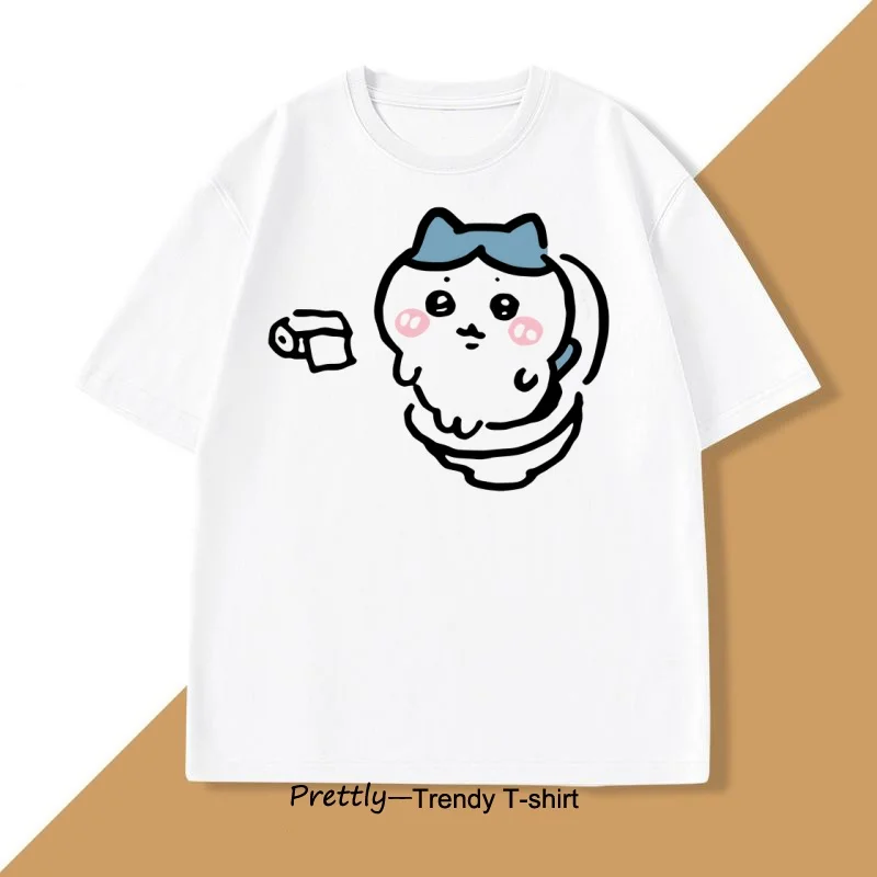 Hachiware on The Toilet T-shirt for Men Women Funny Cotton Short Sleeve Round Neck Tshirt Humor T Shirt Loose Casual Clothes