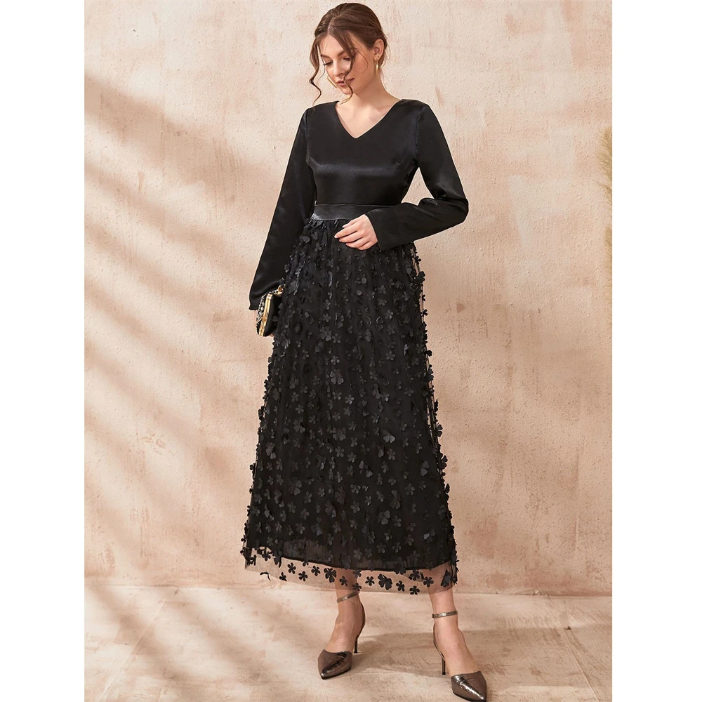 

Vintage Black Lace Mesh Long Sleeve Maxi Party Dress Muslim Abaya Dubai Kaftan Femme Musulma Vestidos Women Evening Gown Caftan