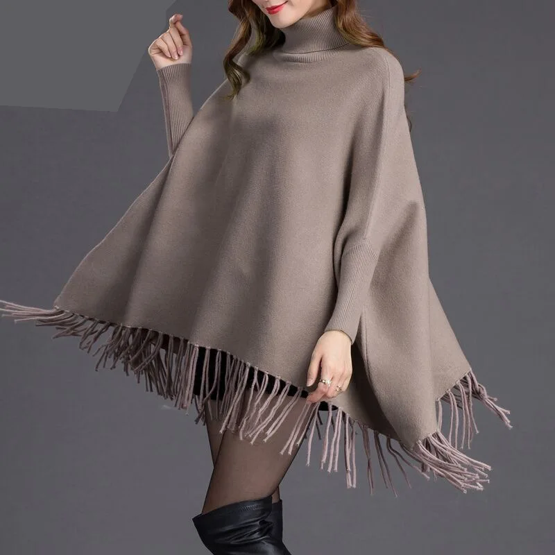 Female Solid Color Style Mongolian Poncho Soft Winter Warm Striped Knitted Cape Polyester Knitting Wraps Women Fashion Coats Q42