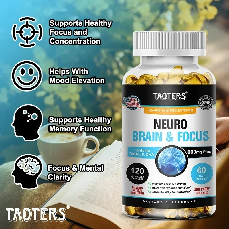 Memory, Focus, Clarity, Energy Brain Supplement - Nootropic Brain Booster DMAE Vitamins A, C, D, E, B1, B2, B3, B5, B6 Capsules