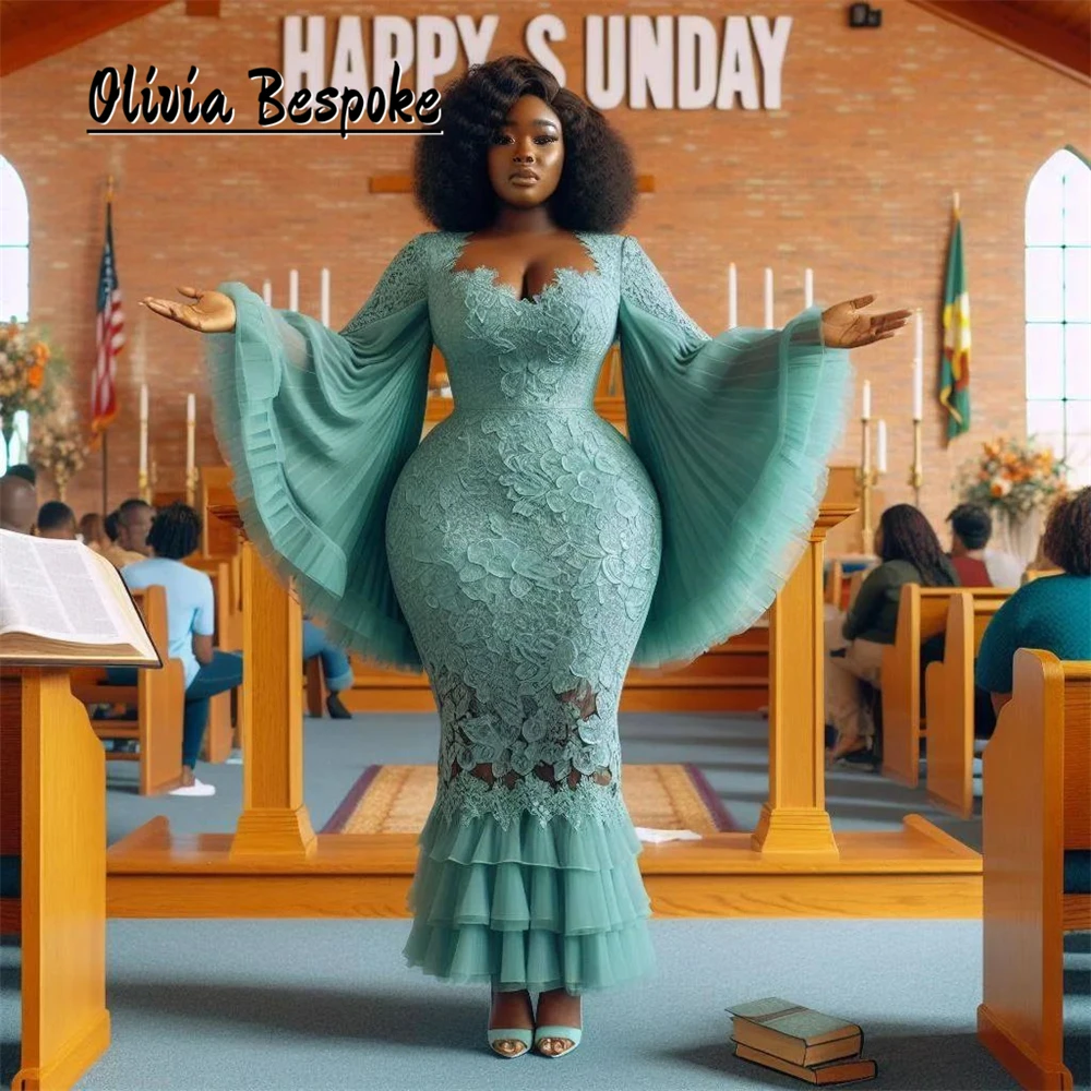 

Popular Mint Green Lace Evening Dresses Luxury 2025 Ruffles Long Sleeves Aso Ebi Mermaid African Formal Occasion Gown Customized