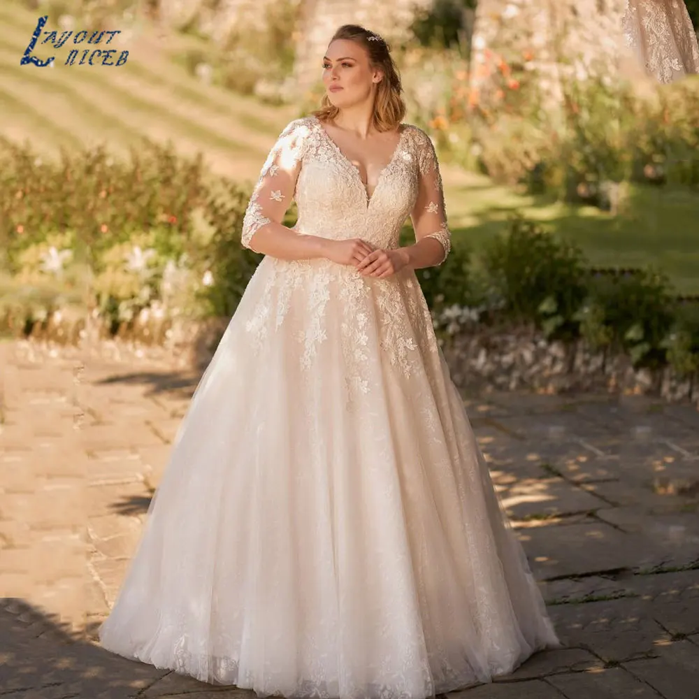 LAYOUT NICEB-Robe de Mariée en Tulle à Col en V, Grande Taille, Classique, Manches Trois-Quarts, Quel que soit le Dos à LacetsMise en page niceb princesse grande taille V - neck robe de mariée classique manches 3 / 4 t