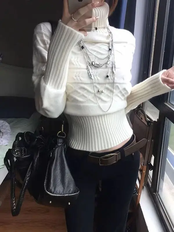 

Women Long Sleeve Subcultural Turtleneck Knit Sweater Gothic American Pullovers Female Elegant Y2k Vintage Harajuku Black Tops