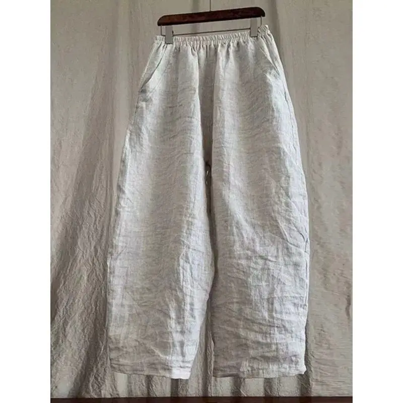 

Summer New Women's Casual Pants High Waist Wide Leg Cotton Linen Thin Blade Pants Nine Points Pants Artistic Commute Style