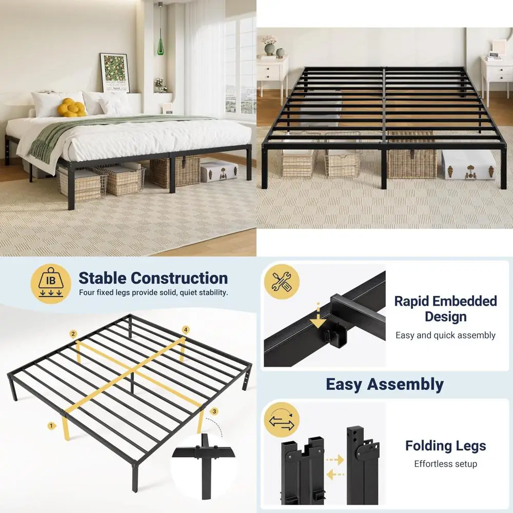14 Metal King Bed Frame with Storage, No Box Spring Needed, Easy Assembly, Black