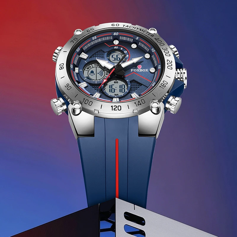 FOXBOX Fashion Luxury Electronic Watches for Men Simple Casual Sport Waterproof Luminous Dual Display Outdoor Digital Wristwatch