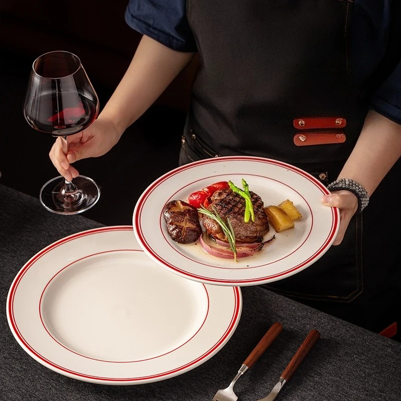 1PC High Temperature Ceramic Plate Steak Dinner Plate Retro Simple Western Breakfast Plate Hong Kong Style Restaurant Tableware