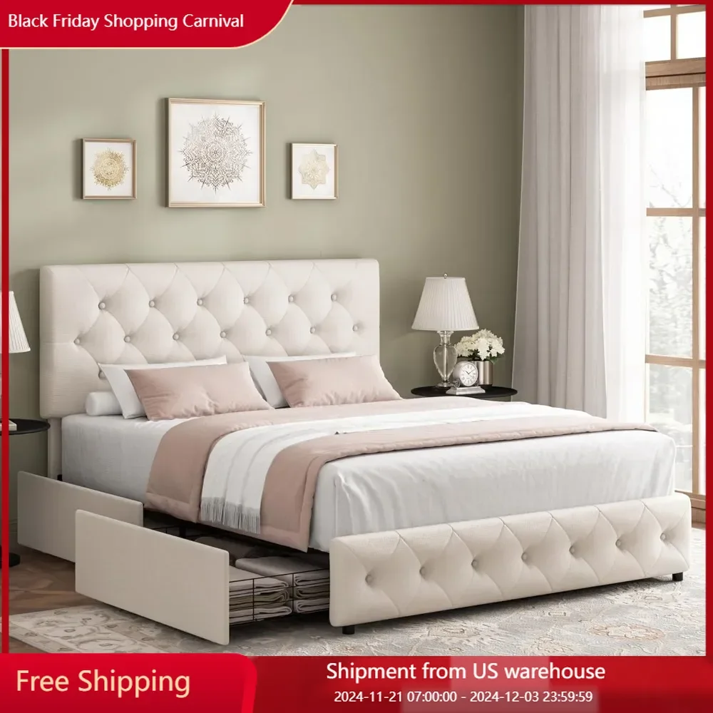 Modern Upholstered Bed Frame with 4 Drawers, Button Tufted Headboard Design, Solid Wooden Slat Support Bed Base