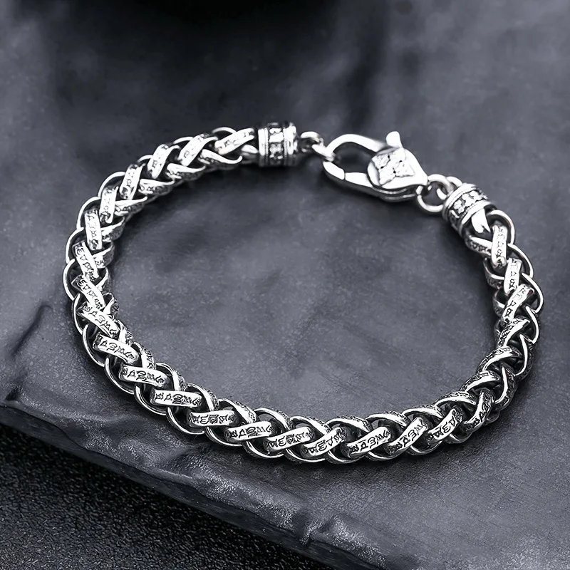 

925 sterling silver six-character mantra bracelet thick men braided trendystylish thai silver retro distressed jewelry