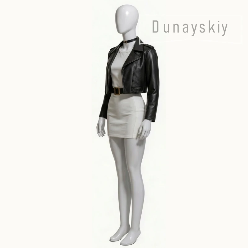 Yamada Tayama Cosplay Costume Wig Behind The Supermarket Smoking With You Black Leather Jacket White Mini Dress Mini Dress Black view 3