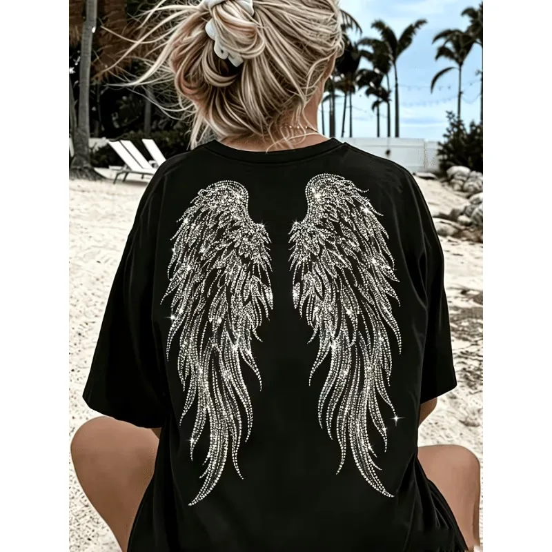 Angel Wings Print T-Shirt Dreamy Boho Wings Design Women's Casual Crew Neck Short Sleeve Tee for Summer Daily Wear