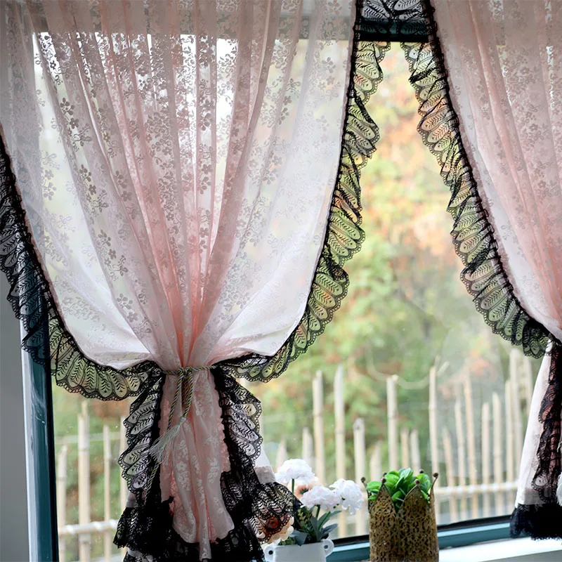 Vintage Black Lacework with Pink Jacquard Sheer Floral Curtains For Bedroom Romantic Elegant Living Room Cortinas Decoration