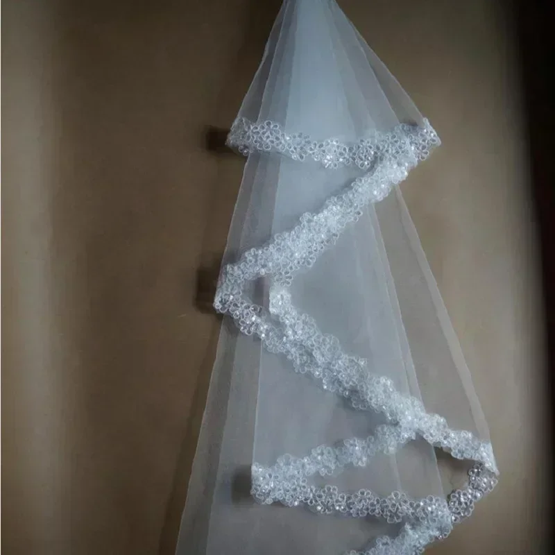 1 Layer Women Bridal White Wedding Tulle Veil Sequins Embroidered Plum Blossom Edge Marriage