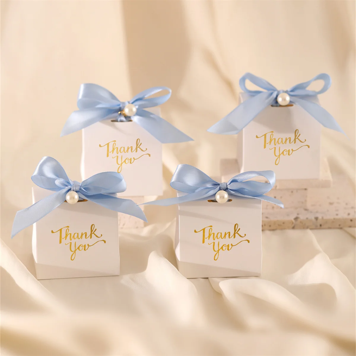 10pcs Paper Gift Boxes with Golden \'Thank You\' Labels, Including Ribbons and Beads - Perfect for Birthdays, Weddings