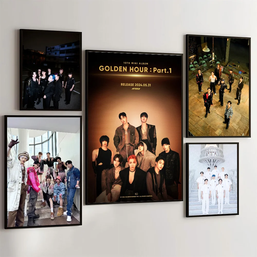 1PC ATEEZ Men's Group Poster Movie Sticky Posters Retro Kraft Paper Sticker DIY Room Bar Cafe Aesthetic Art Wall Painting
