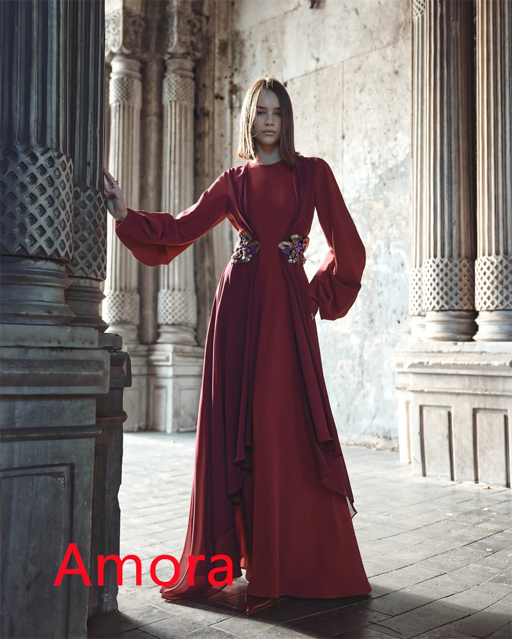 Темпераментное бордовое вечернее платье из джерси по индивидуальному заказу, изысканное платье с круглым вырезом и длинными рукавами, со шлейфом, платья для особых случаев на заказ