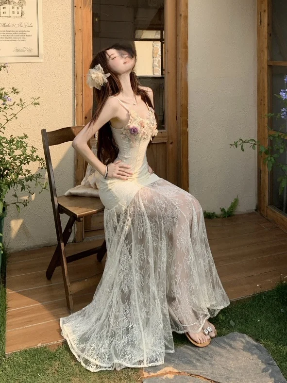 E Vestido Largo sin Tirantes con Escote en V y Bordado de Encaje, Vestido de Verano con Cola de Pez para Vacaciones en...