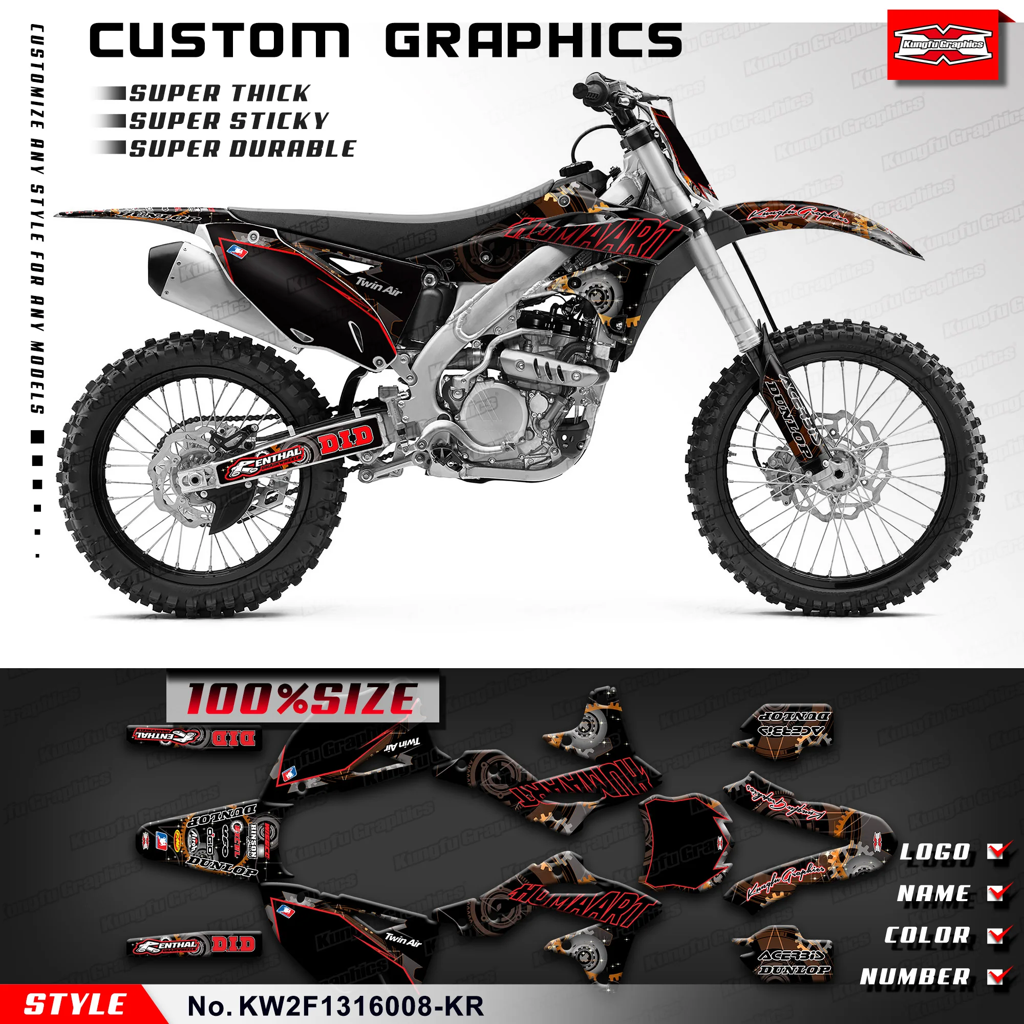 

KUNGFU GRAPHICS Motorcycle Graphics Wrap Design for Kawasaki KX250F KXF250 2013 2014 2015 2016, KW2F1316008-KR