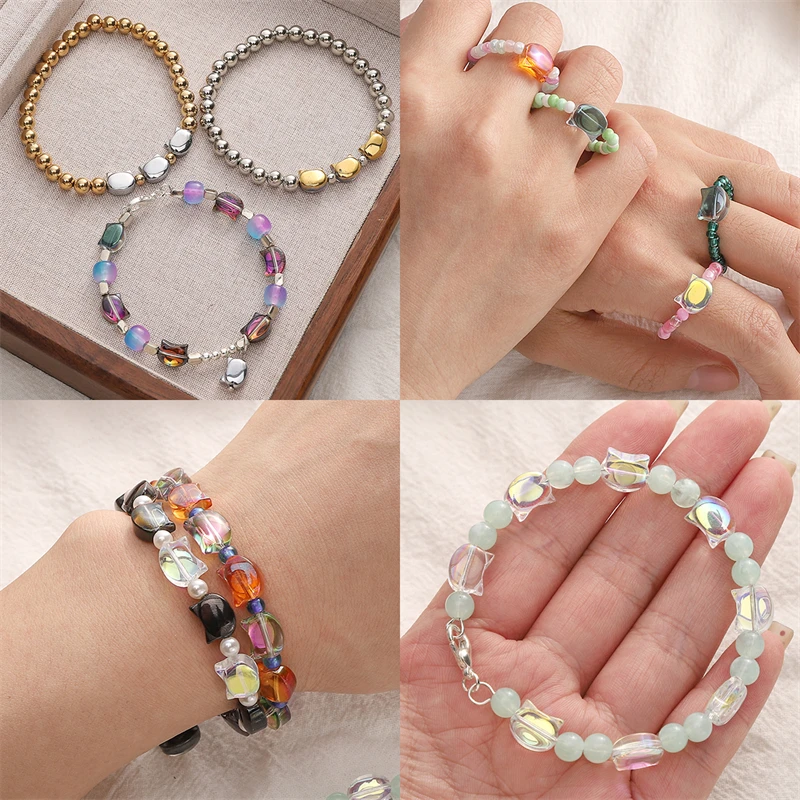 10pcs 10x8mm Colorful Glass Beads Cat\'s Head Loose Beads for Bracelets Necklace Ring Jewelry Making DIY Craft Accessory
