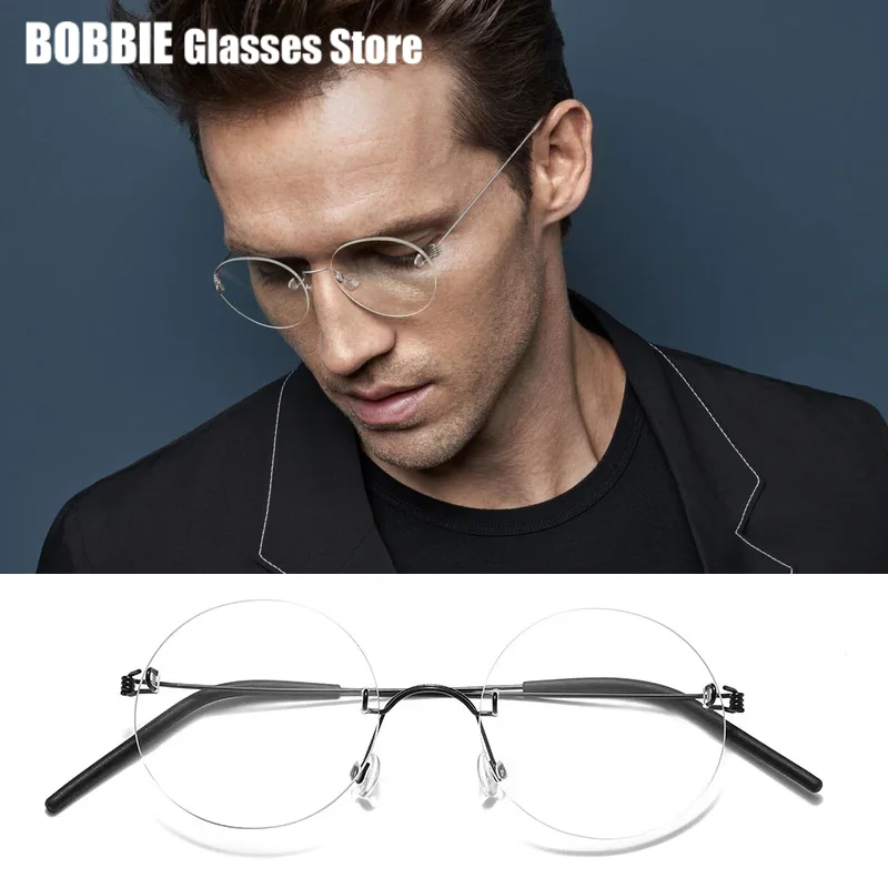 Denmark Brand Ultralight Round Glasses Frame Rimless Pure Titanium Screwsless Thin Eyeglasses Myopia Eyewear Prescription Lens