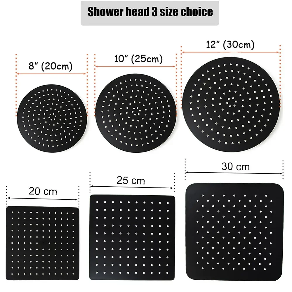 Stainless Steel Black Bathroom Ultrathin 2 Mm Rain Shower Head 8/10/12 Inch Wall & Ceiling Square & Round Rainfall Shower Head
