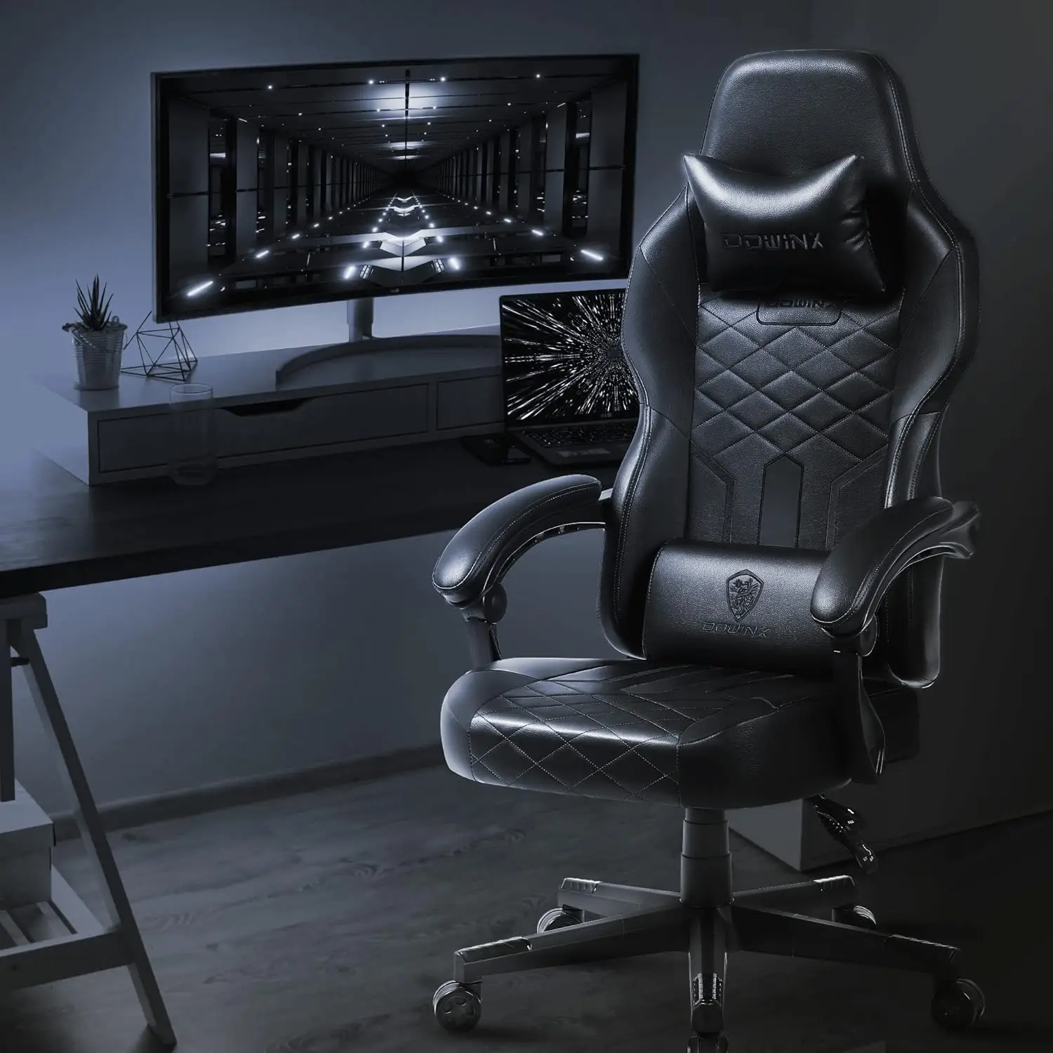 Dowinx Gaming Chair with Pocket Spring Cushion, Ergonomic Computer Chair High Back, Reclining Game Chair Pu Leather 350LBS, Blac