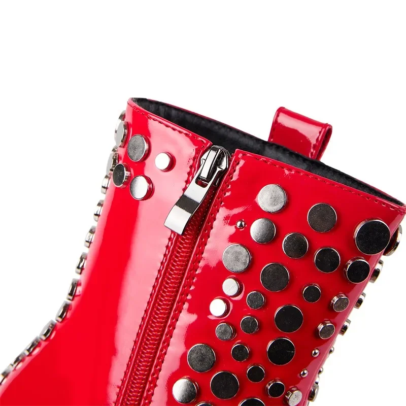 2024 Rivet Patent Leather Short Boots 9cm Strange High Heels Red Boot 36-43 Pointed Side Zip Fashion Bar Stage Women\'s Shoes