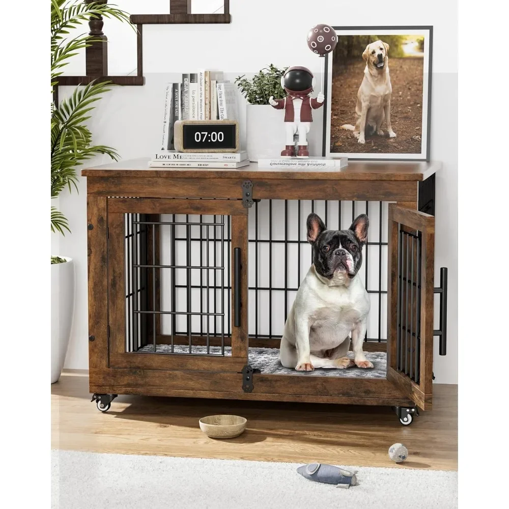 Dog Crate Furniture with Cushion Set of 2, Wooden Dogs Kennel Indoor with Wheels & Double Doors, Dog Cage Side End Table