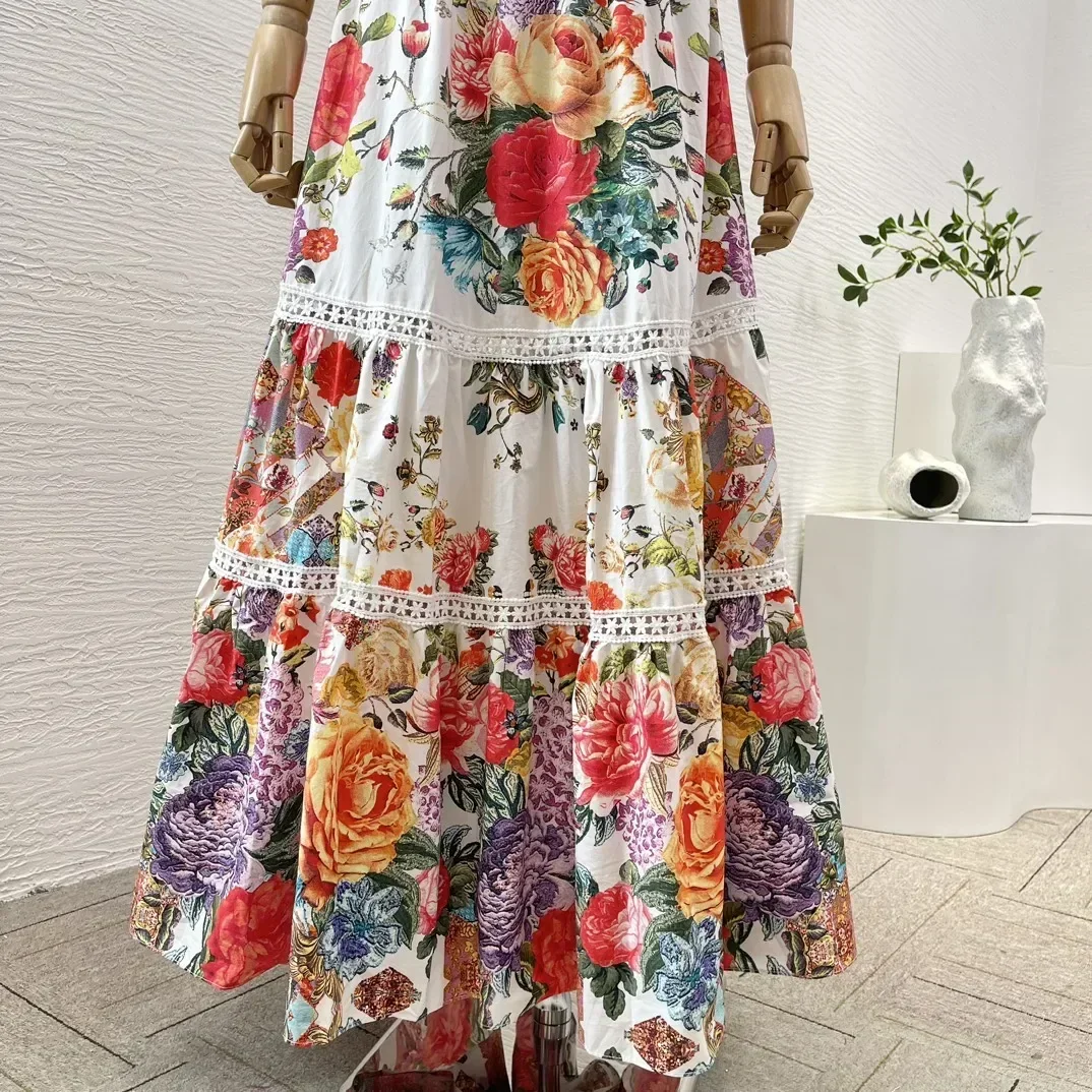 2024 Elegant Summer New White Red Flowers Print Sleeveless Ruffles Backless Hollow Out Diamonds Shirred Waist Women Maxi Dress