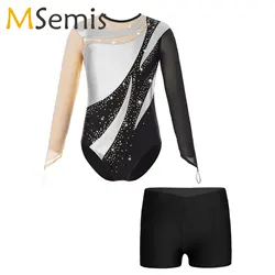Kids Patchwork Gymnastics Leotard Bodysuit Long Sleeve Dancewear Sets Ballet Outfit Teen Girls Children Figure Skating Jumpsuit