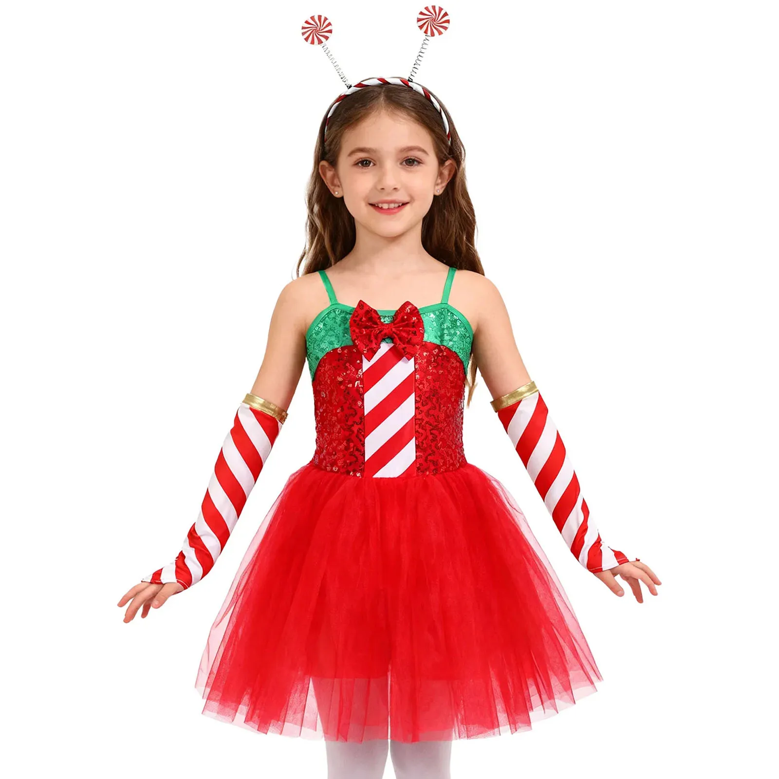 Kids Girls Ballet Tutu Dance Costume Candy Cane Mrs Santa Claus Dress Christmas Figure Ice Skating Twirling Leotard Dancewear