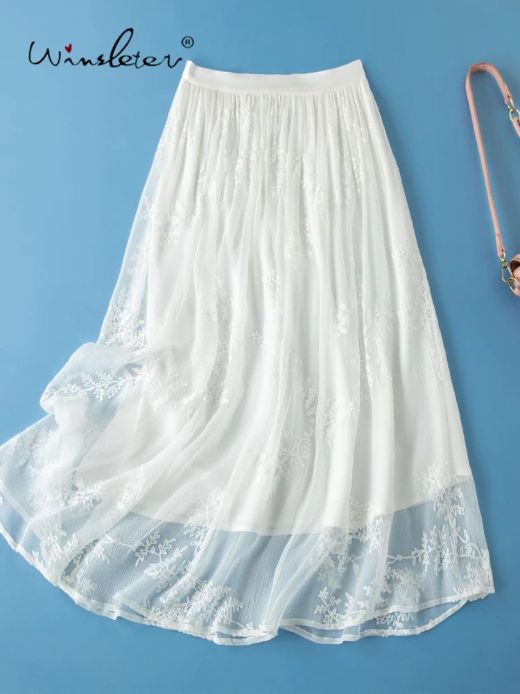 Winsleter-8MM 100%Silk Elegant Skirts, Elastic Waist Jacquard, Women Party Fairy Thin A-line Skirt, 2026 Summer New B67174CC