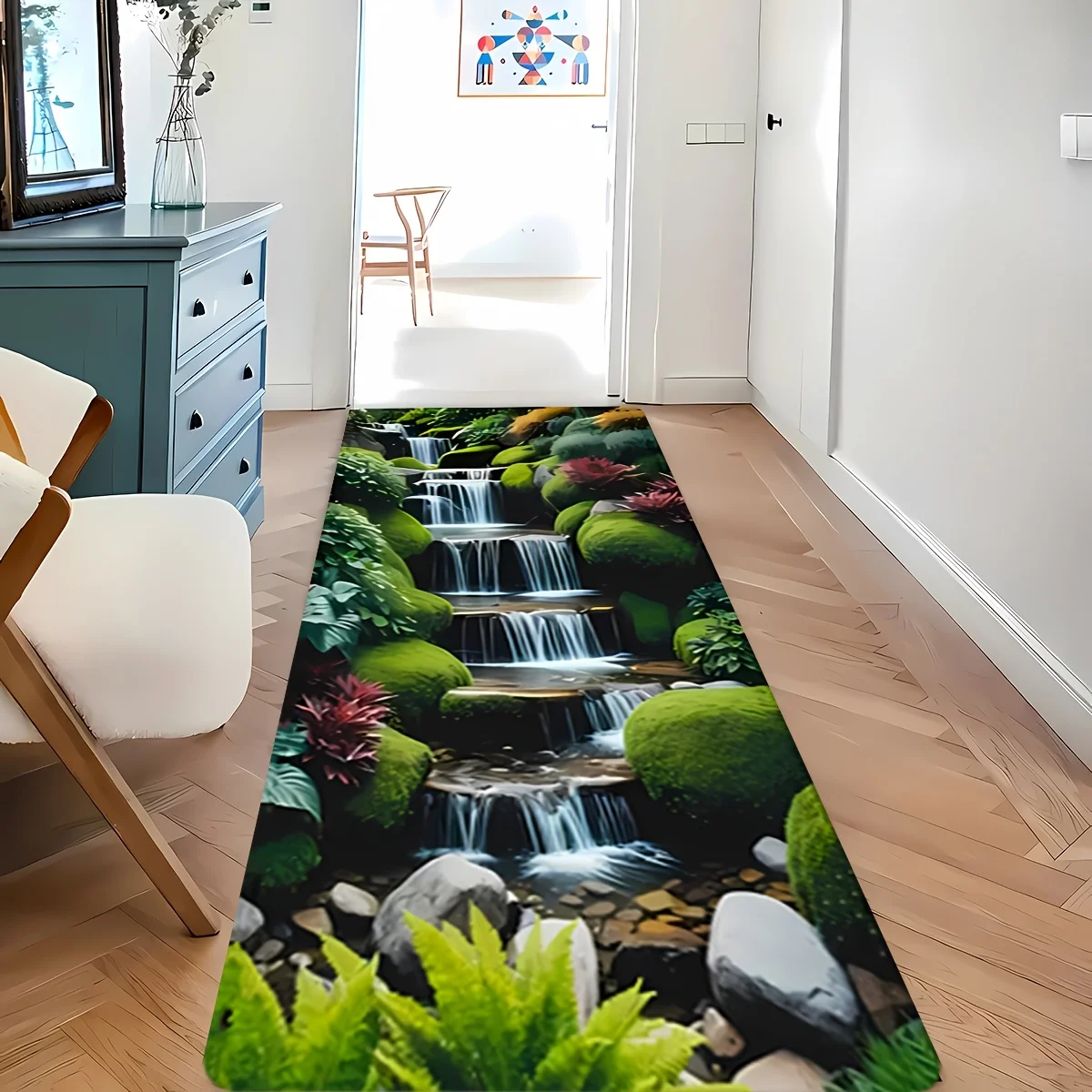3D Forest Stream Long Runner Rug, Nature Waterfall Scenery Non-Slip Floor Mat for Living Room Bedroom, Washable Botanical Decor