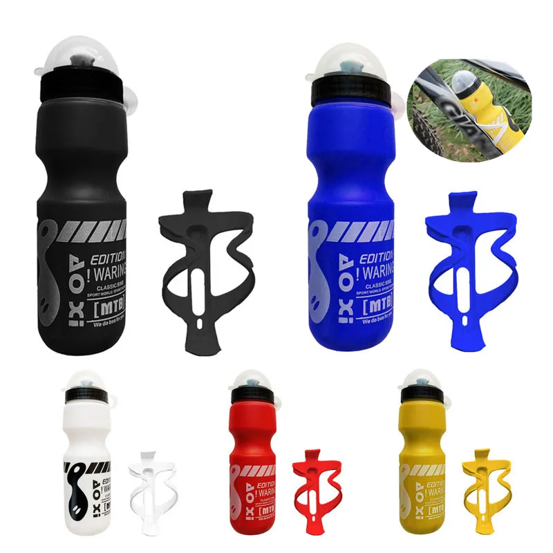 1PC 100% Portable Food-grade Polyethylene 750ML Mountain Bike Bicycle Cycling Water Drink Bottle+Holder Cage Rack