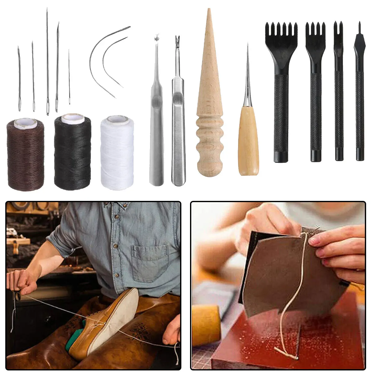 

Upgrade Professional Leather Craft Tool Kit Hand Sewing Repair Kit Wax Thread Stitching Punch Carving Work Groover DIY Tool Set