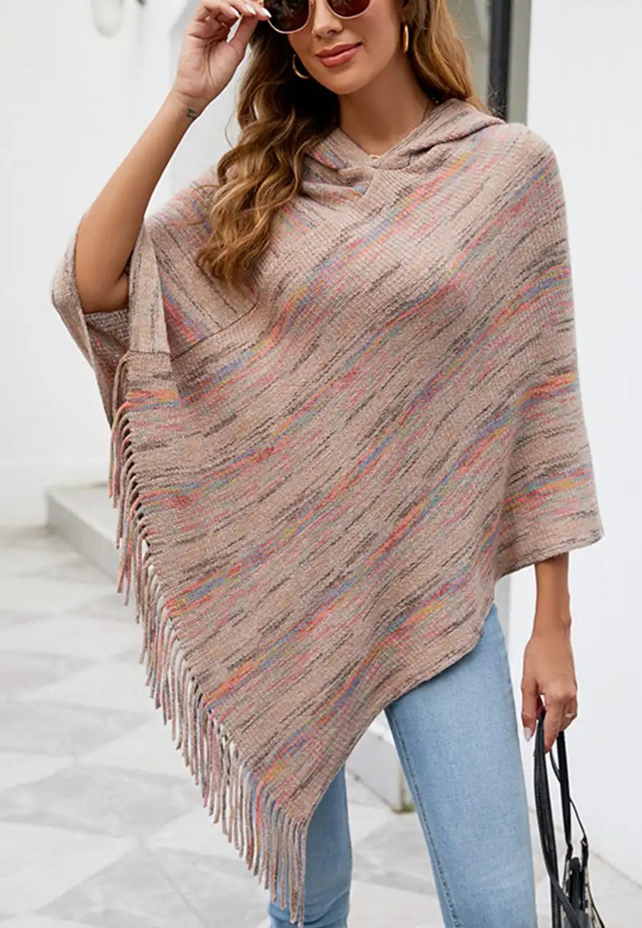 Wrap Hoodie Sweater Unique Poncho Design 3/4 Sleeves Comfy Hoodie Fringe Tassel Hem Sweeping Poncho Sweaters