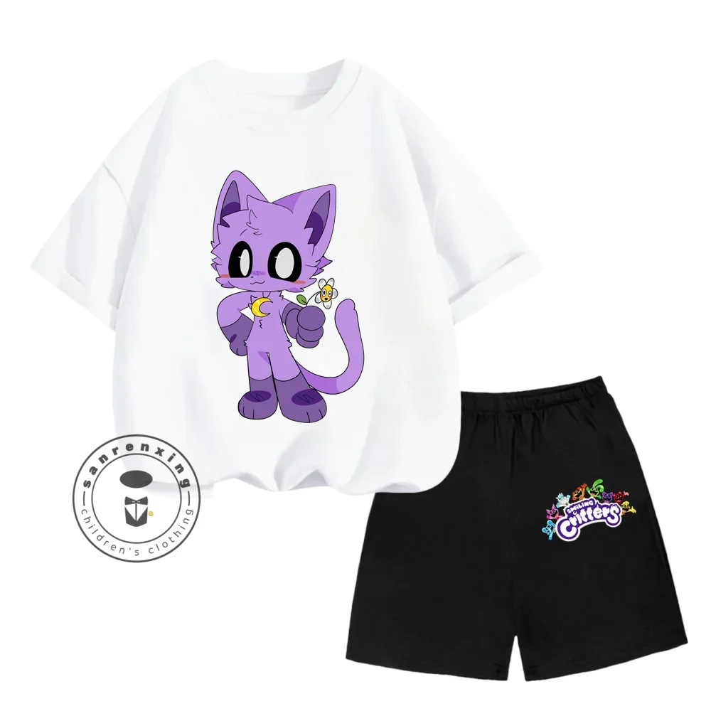 Smiling Critters Q-Edition Cartoon Character Print Design O-neck Affordable Short Sleeves and Cool Shorts Summer Children Suit