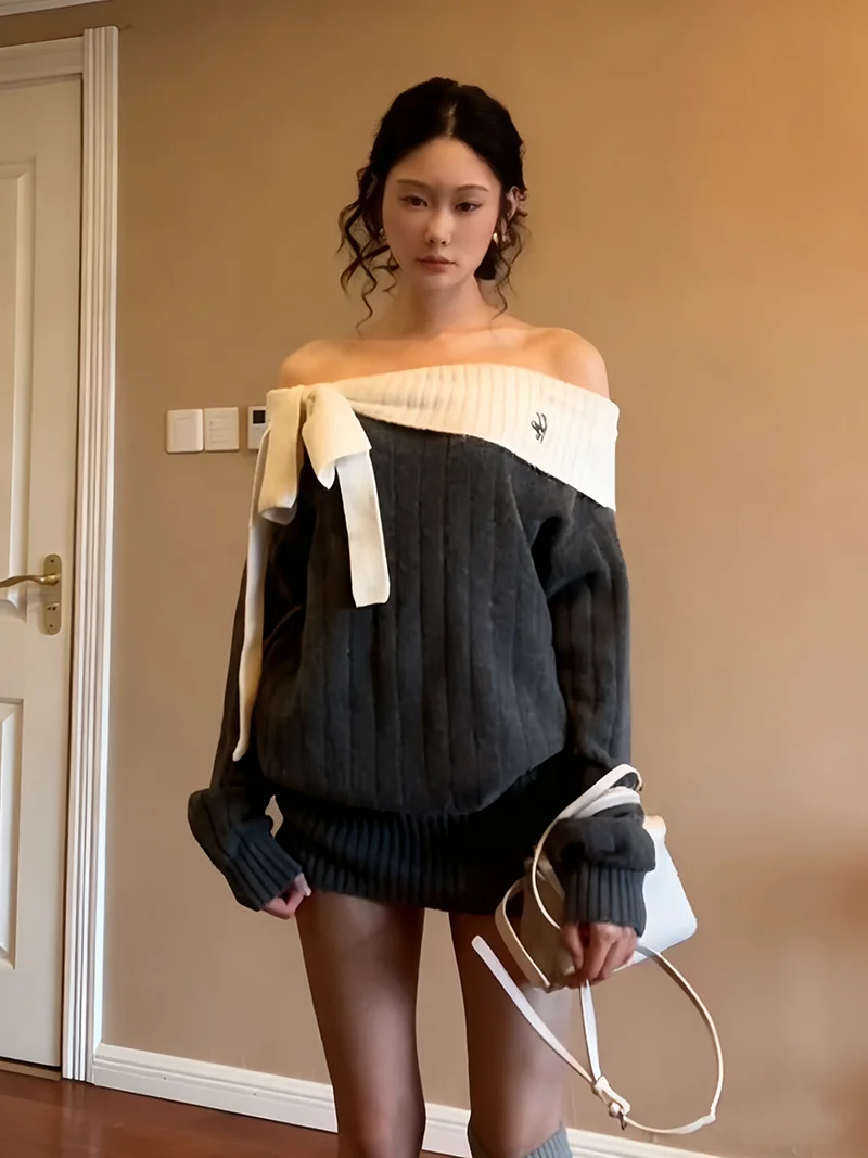 Stunning One-oulder Knitted Dr Women's Autumn Winter Faion Bow-Tied Long Sve Loose Soft Top  Knot Belted D...