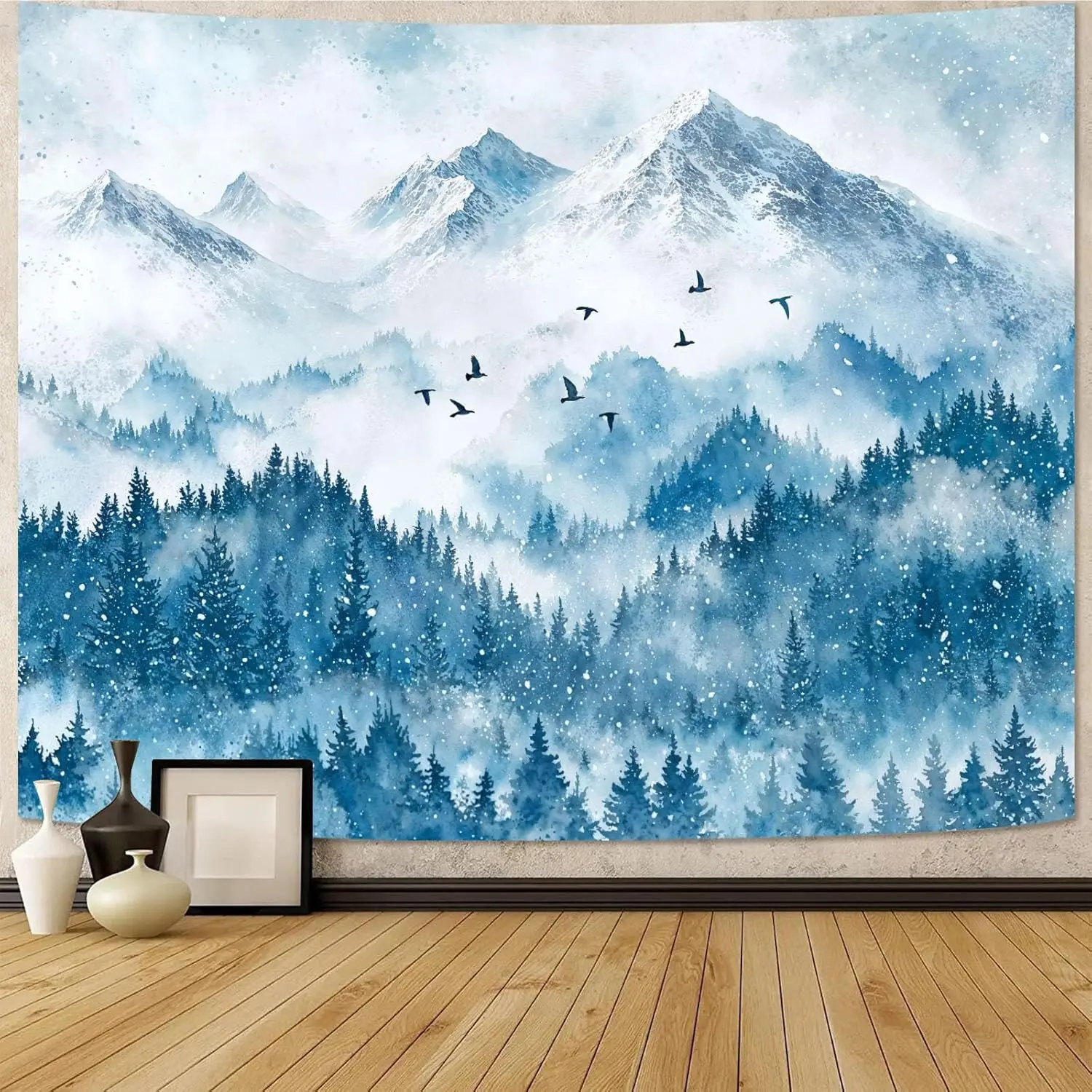 Winter Snowy Mountain Tapestry – Watercolor Pine Forest Wall Art, Serene Nature Landscape Decor for Bedroom, Living Room, Dorm
