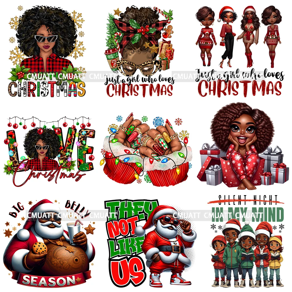 

Afro Black Woman Lady Just A Girl Who Loves Christmas Nail Artists DTF Transfer Printing Stickers Durable Iron On For Clothing