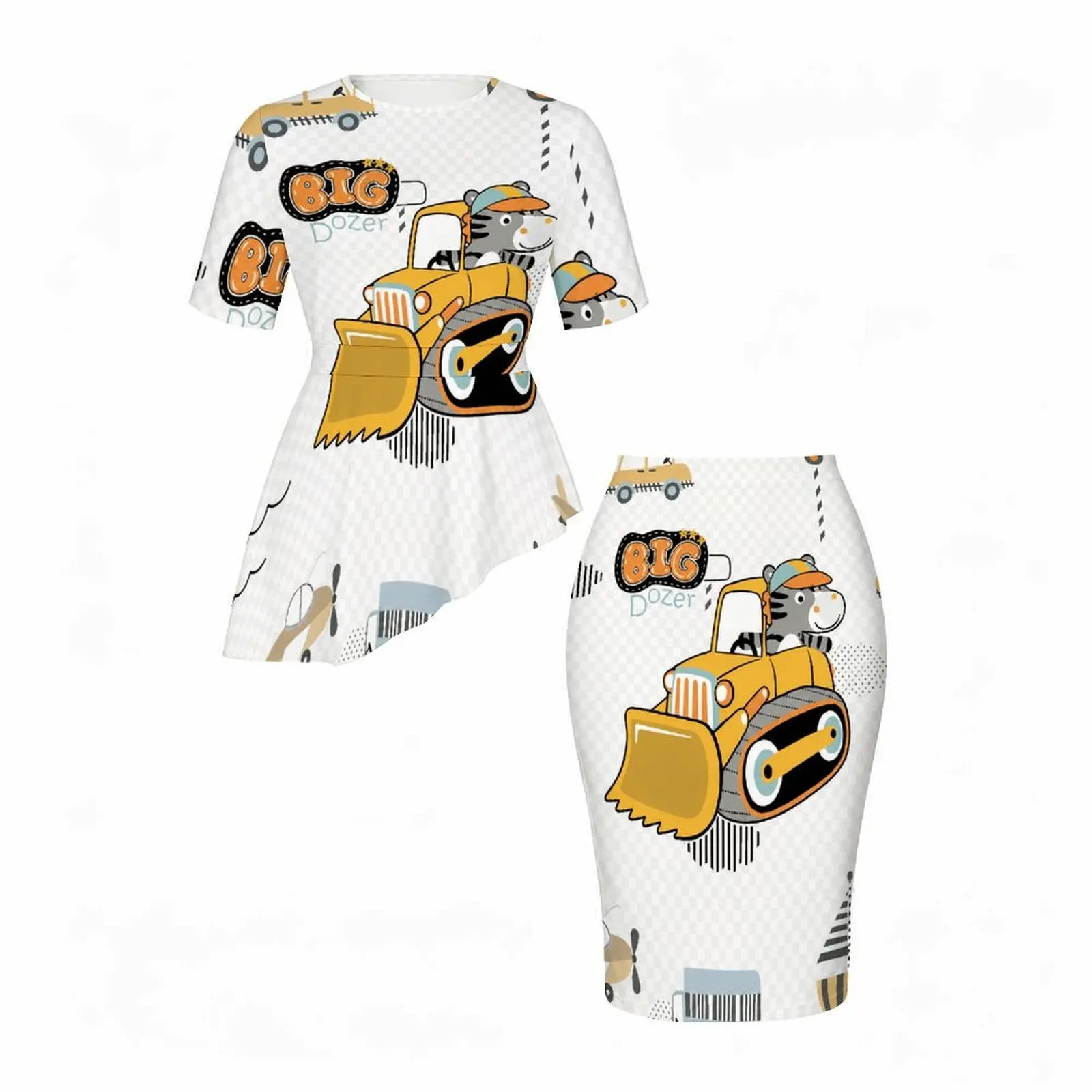 Women Cartoon Big Dozer Zebra Printed Round Neck Short Sleeve Asymmetric Top and Fitted Skirt Two Piece Set