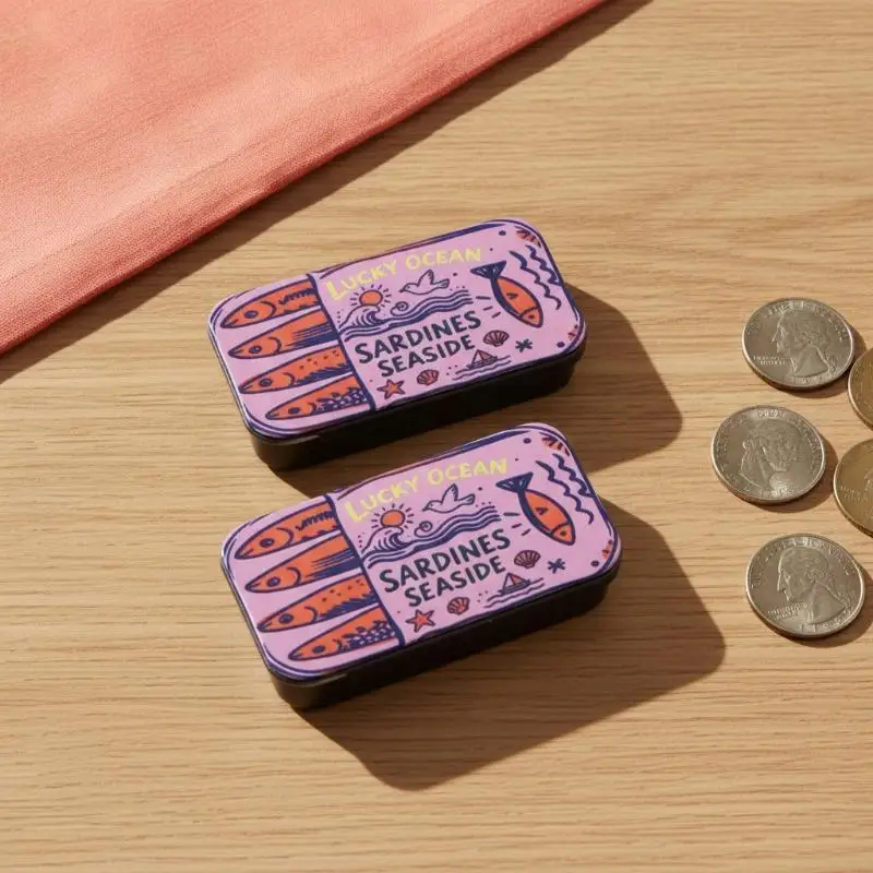 Sardine Printed Mini Metal Storage Tins 1Pcs Lightweight Portable Case For Pills Small Stationery