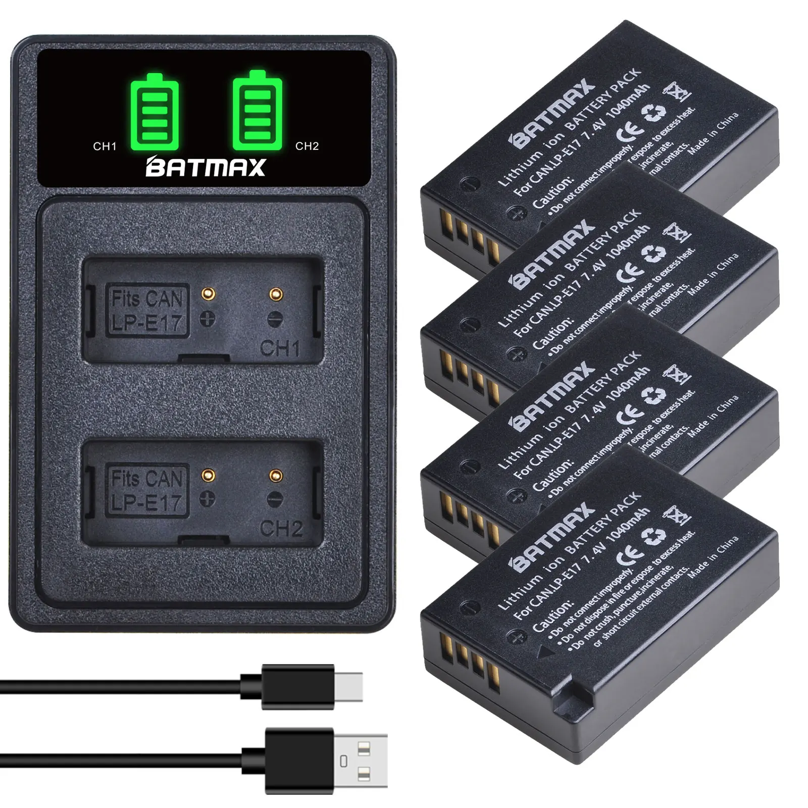 

4X LP-E17 LPE17 LP E17 Battery + LED USB Dual Charger with Type C for Canon EOS RP, Rebel SL2, SL3, T6i, T6s, T7i, M3, M5, M6