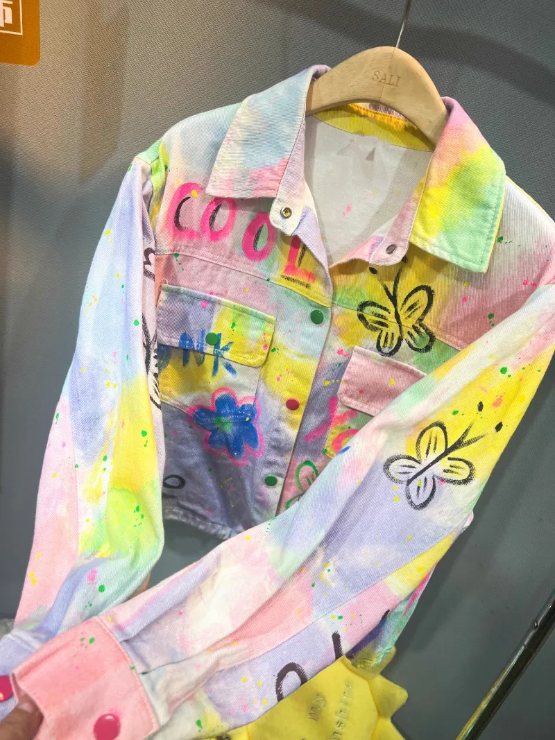 Heavy Industry Tie-dye Rainbow Gradual Change Denim Jacket Women's 2025 Autumn New Loose Casual Sweet Top Jeans Jaquetas Coats