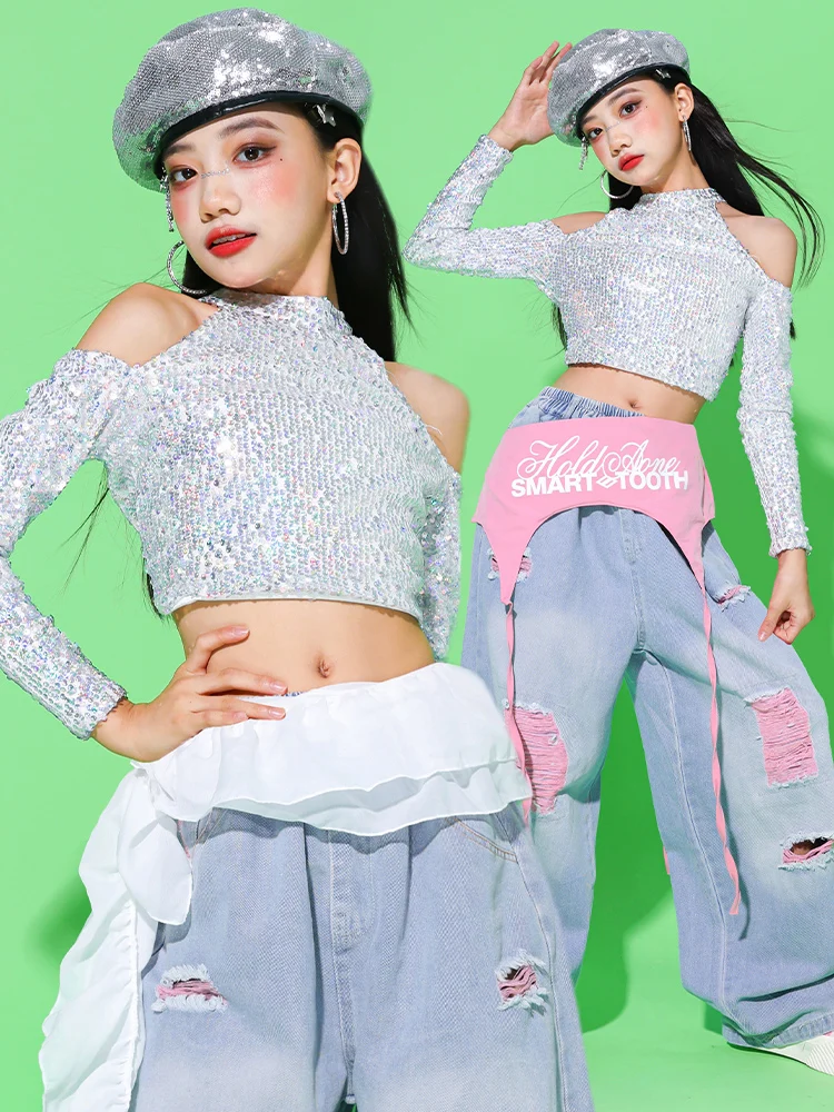 Girls Kpop Dance Costume Kid Jazz Stage Show Performance Clothing Silver Sequins Top Hip Hop Denim Pants Street Dance Wear 2748