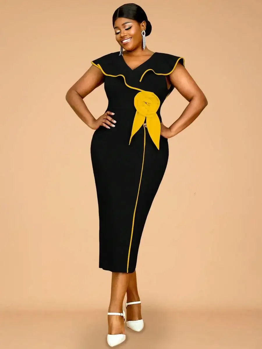 Vestido de Fiesta y Boda Elegante de Talla Grande con Manga Capa, Diseño Color Block Negro y Amarillo, y Flores 3D para Primavera