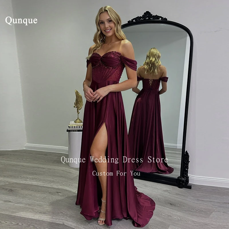 

Qunque Off Shoulder Beads Sequins Prom Dress Satin Long Formal Wedding Guest Party Gowns With Slit Vestidos De Fiesta Customized
