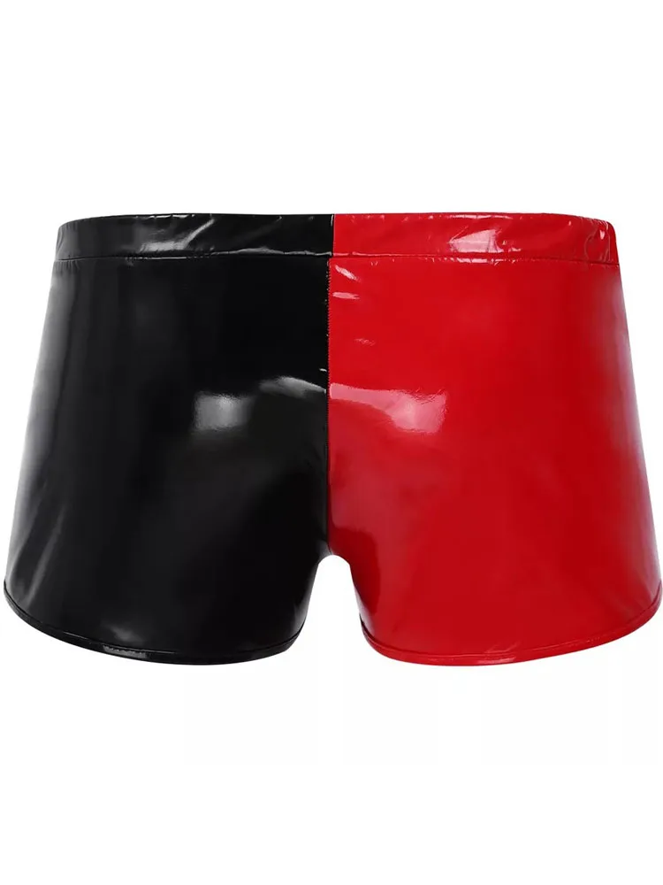 S-5XL Contrast Color Wet Look PVC Shorts Men Convex Pouch Zipper Shiny PU Leather Trunks Boxershorts Tights Calzoncillos Boxer